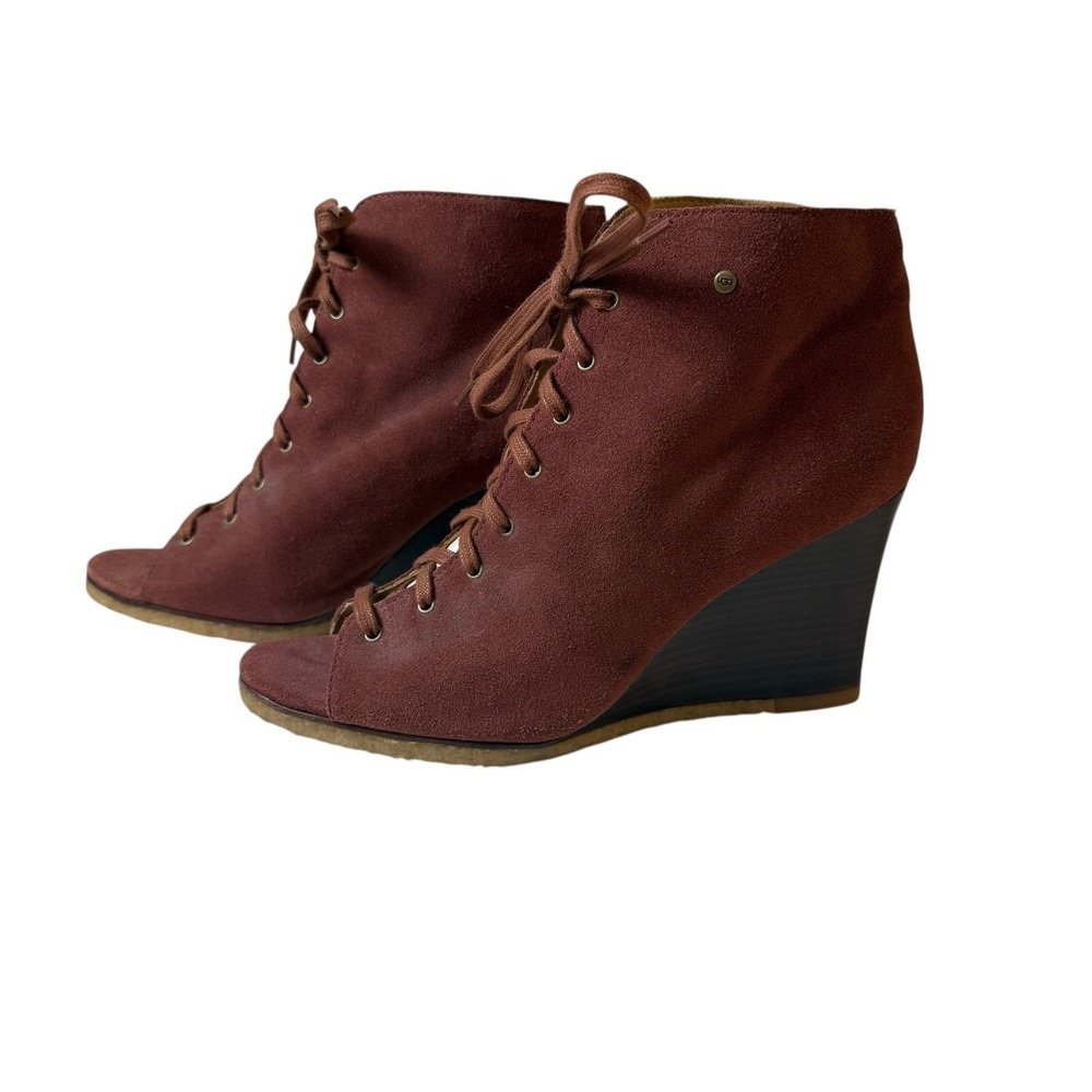 Ugg Elyse Lace Up Wedge Ankle Booties Size 10 Red Suede Peep Toe Festival‎ Boho